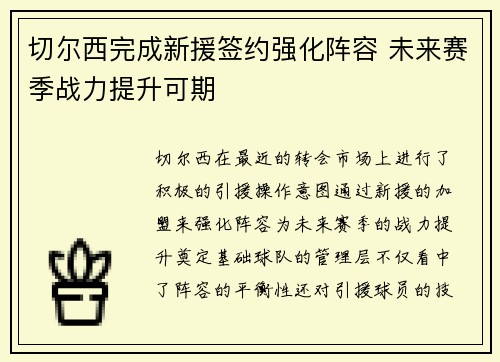 切尔西完成新援签约强化阵容 未来赛季战力提升可期 切尔西完成新援签约强化阵容 未来赛季战力提升可期