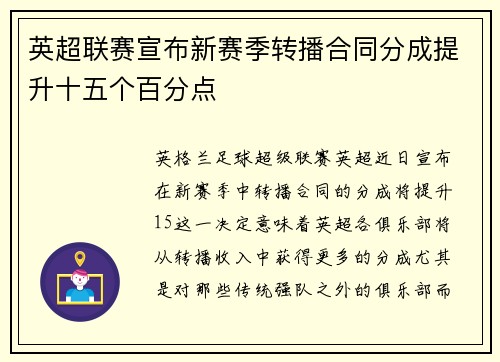 英超联赛宣布新赛季转播合同分成提升十五个百分点